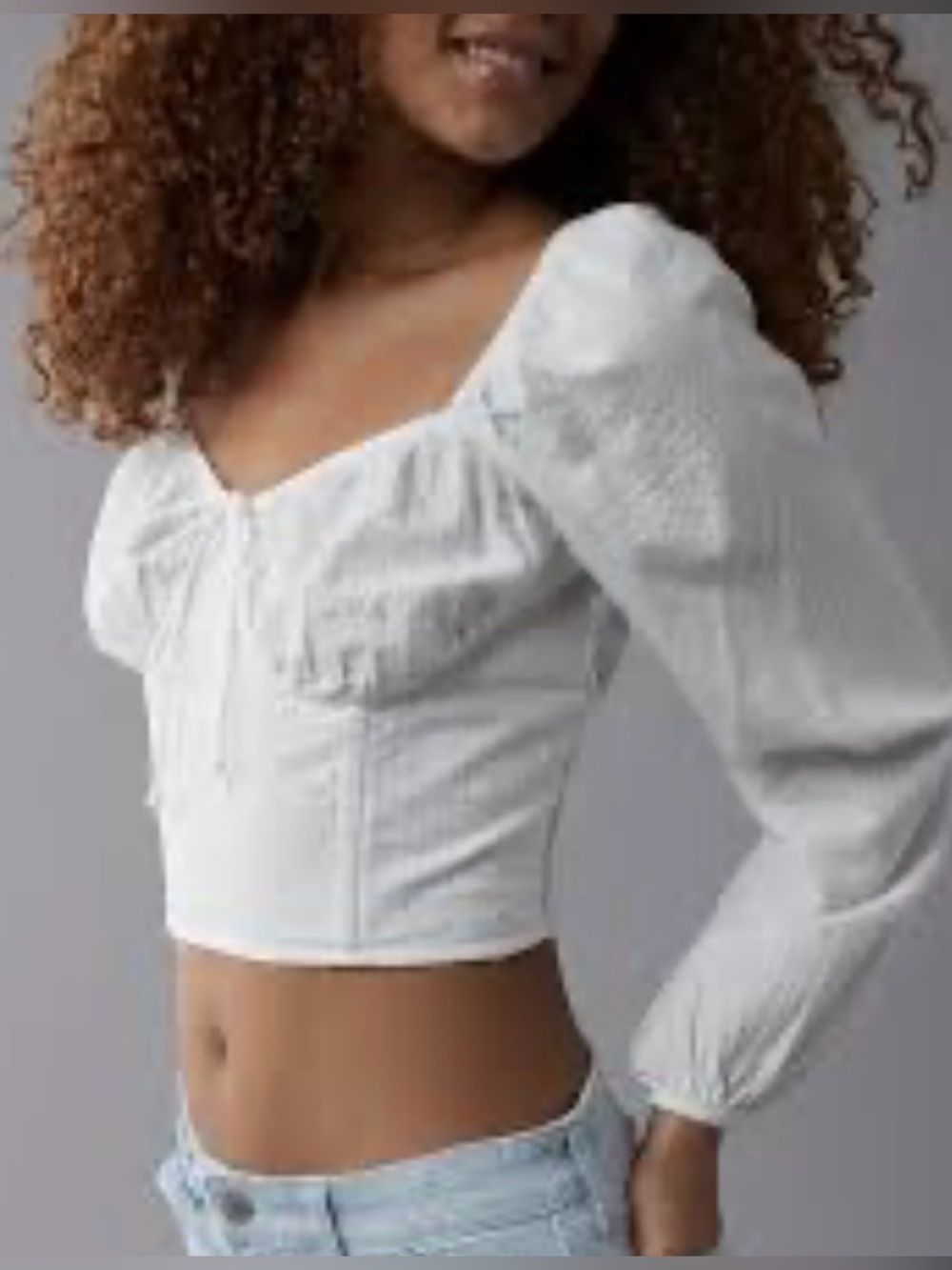 American Eagle White Linen Blend Corset Milkmaid Puff Sleeve Crop Top L